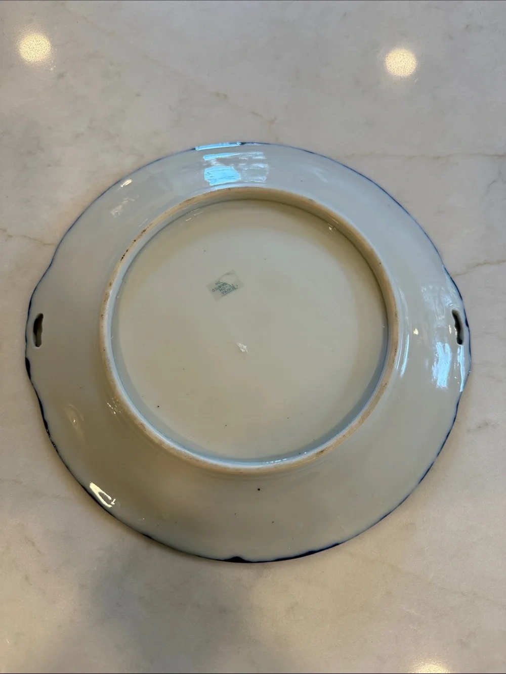 Decorative Floral Porcelain Serving Plate - Blue Edge, Pink Flower